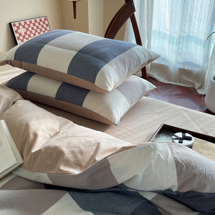 91家纺网 家纺一手货源 找家纺 春皖家纺 2026新款色织AB版水洗棉三件套四件套单品系列（四件套风格一） 素雅-蓝大格