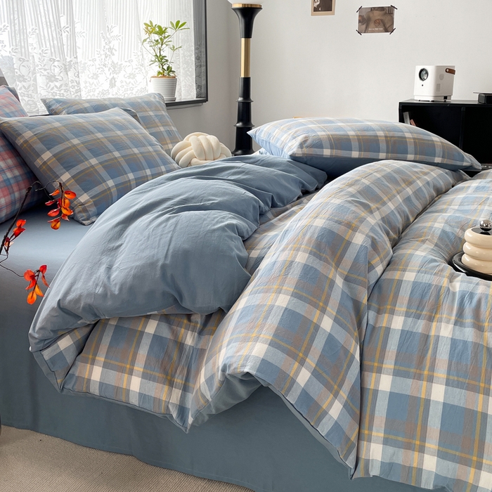 91家纺网 家纺一手货源 找家纺 春皖家纺 2026新款色织AB版水洗棉三件套四件套单品系列（四件套风格一） 素雅-蓝格