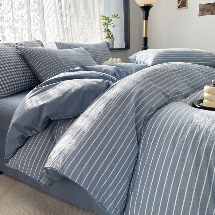 91家纺网 家纺一手货源 找家纺 春皖家纺 2026新款色织AB版水洗棉三件套四件套单品系列（四件套风格一） 素雅-蓝条