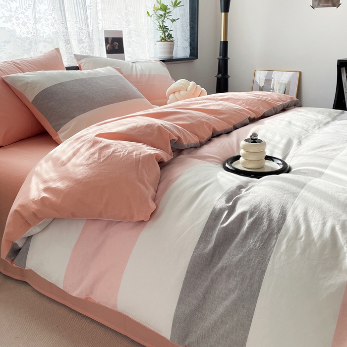 91家纺网 家纺一手货源 找家纺 春皖家纺 2026新款色织AB版水洗棉三件套四件套单品系列（四件套风格一） 素雅-灰白条