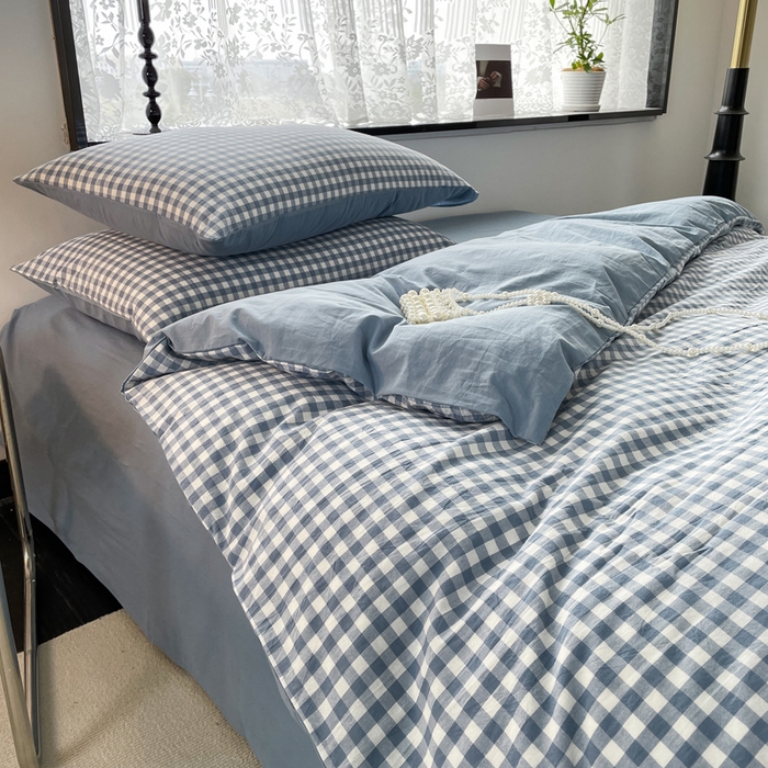 91家纺网 家纺一手货源 找家纺 春皖家纺 2026新款色织AB版水洗棉三件套四件套单品系列（四件套风格一） 素雅-蓝小格