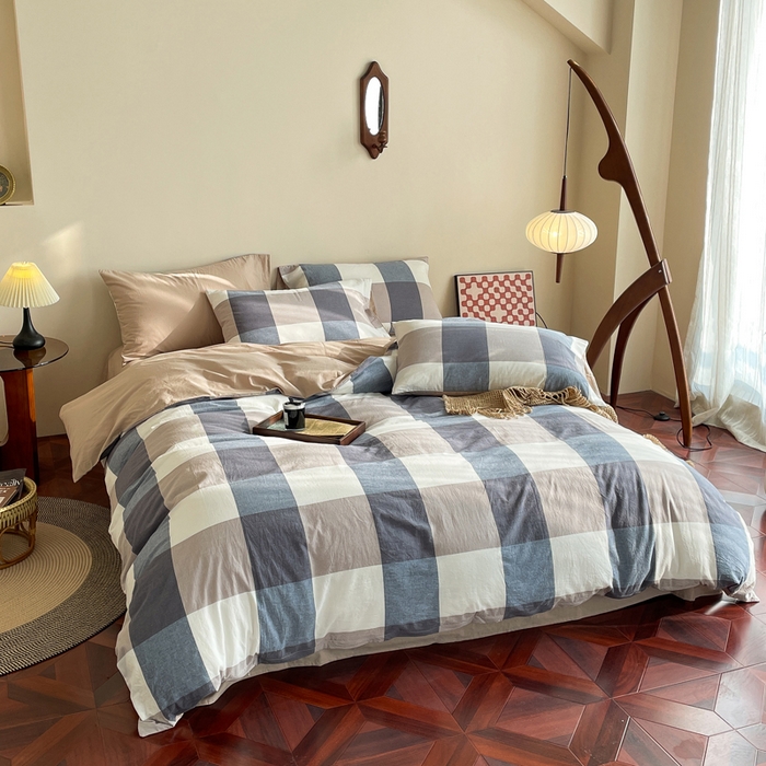 91家纺网 家纺一手货源 找家纺 春皖家纺 2026新款色织AB版水洗棉三件套四件套单品系列（四件套风格一） 素雅-蓝大格