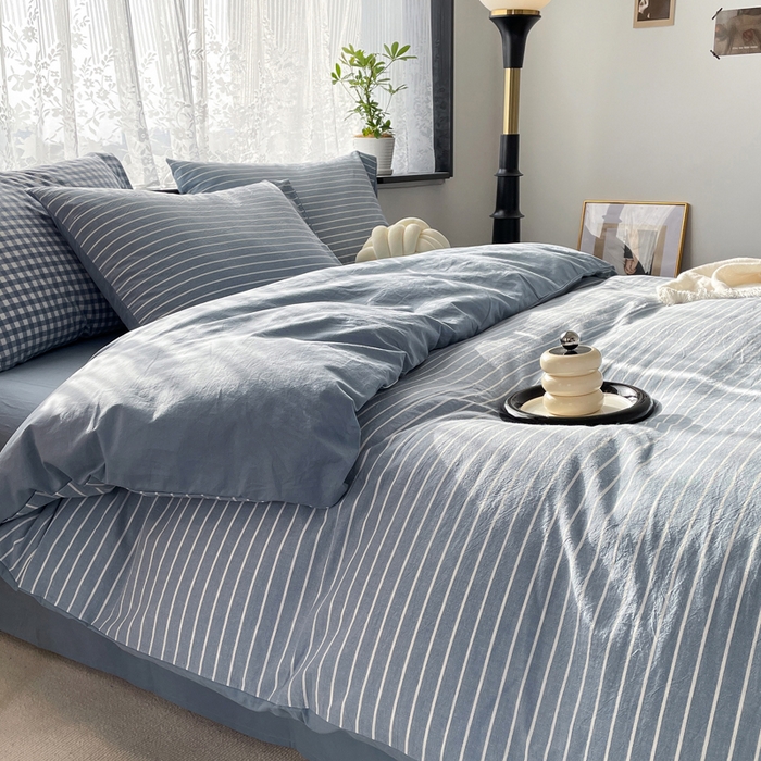 91家纺网 家纺一手货源 找家纺 春皖家纺 2026新款色织AB版水洗棉三件套四件套单品系列（四件套风格一） 素雅-蓝条