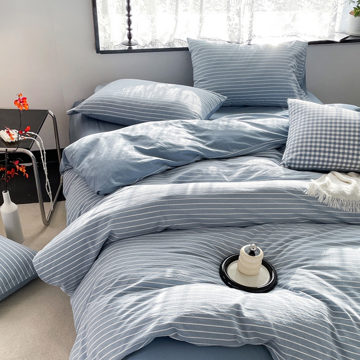 91家纺网 家纺一手货源 找家纺 春皖家纺 2026新款色织AB版水洗棉三件套四件套单品系列（四件套风格一） 素雅-蓝条