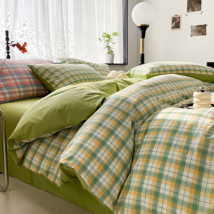 91家纺网 家纺一手货源 找家纺 春皖家纺 2026新款色织AB版水洗棉三件套四件套单品系列（四件套风格一） 栗木-芒格