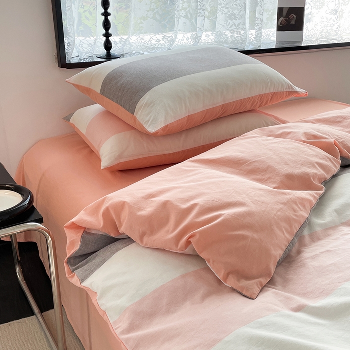 91家纺网 家纺一手货源 找家纺 春皖家纺 2026新款色织AB版水洗棉三件套四件套单品系列（四件套风格一） 素雅-灰白条