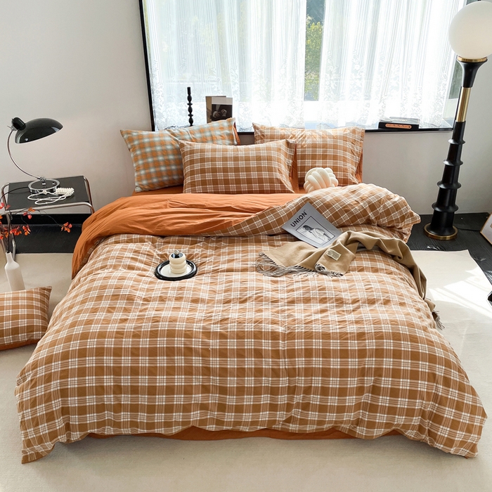 春皖家纺 2026新款色织AB版水洗棉三件套四件套单品系列（四件套风格一） 素雅-黄格