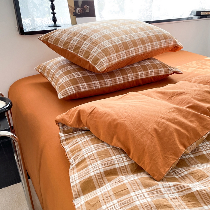 91家纺网 家纺一手货源 找家纺 春皖家纺 2026新款色织AB版水洗棉三件套四件套单品系列（四件套风格一） 素雅-黄格