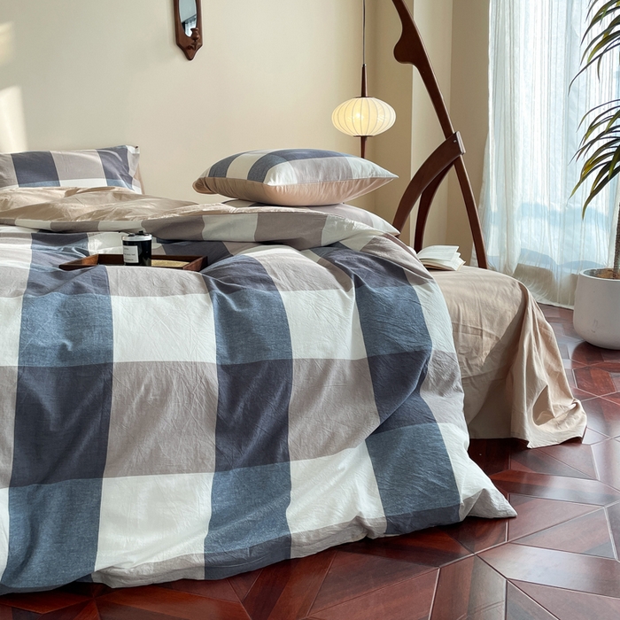 91家纺网 家纺一手货源 找家纺 春皖家纺 2026新款色织AB版水洗棉三件套四件套单品系列（四件套风格一） 素雅-蓝大格