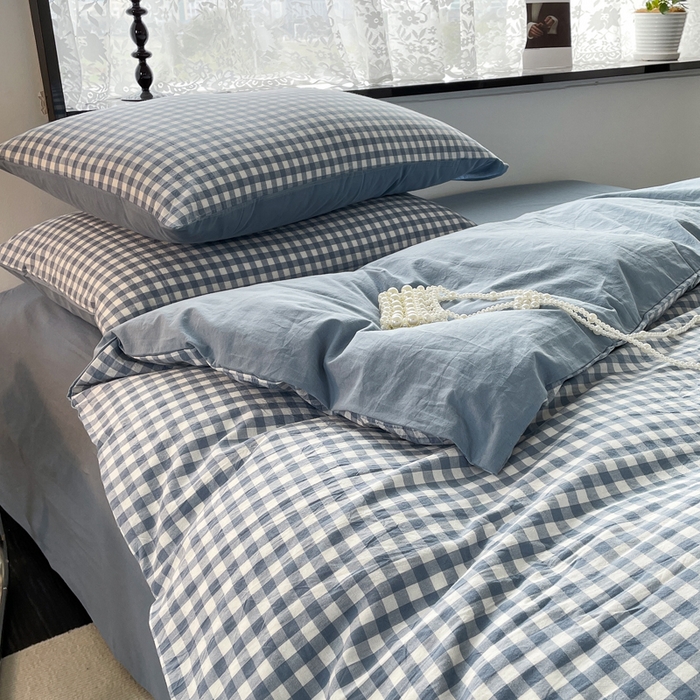 91家纺网 家纺一手货源 找家纺 春皖家纺 2026新款色织AB版水洗棉三件套四件套单品系列（四件套风格一） 素雅-蓝小格