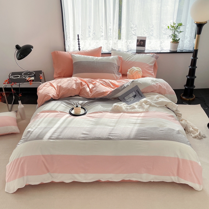 91家纺网 家纺一手货源 找家纺 春皖家纺 2026新款色织AB版水洗棉三件套四件套单品系列（四件套风格一） 素雅-灰白条