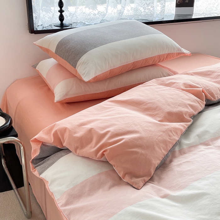 91家纺网 家纺一手货源 找家纺 春皖家纺 2026新款色织AB版水洗棉三件套四件套单品系列（四件套风格一） 素雅-灰白条