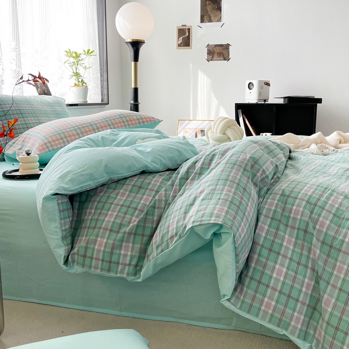 91家纺网 家纺一手货源 找家纺 春皖家纺 2026新款色织AB版水洗棉三件套四件套单品系列（四件套风格一） 素雅-情调