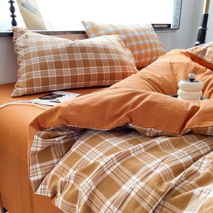 91家纺网 家纺一手货源 找家纺 春皖家纺 2026新款色织AB版水洗棉三件套四件套单品系列（四件套风格一） 素雅-黄格