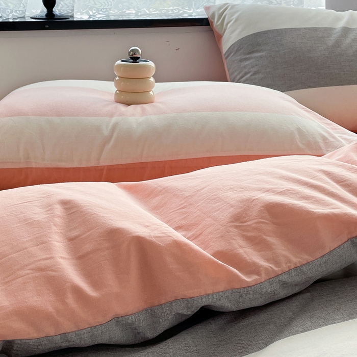 91家纺网 家纺一手货源 找家纺 春皖家纺 2026新款色织AB版水洗棉三件套四件套单品系列（四件套风格一） 素雅-灰白条