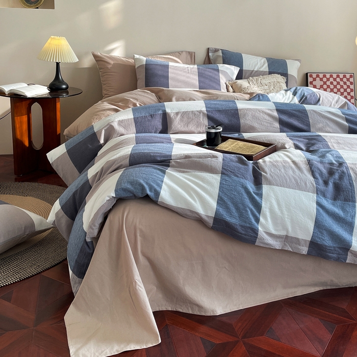 91家纺网 家纺一手货源 找家纺 春皖家纺 2026新款色织AB版水洗棉三件套四件套单品系列（四件套风格一） 素雅-蓝大格