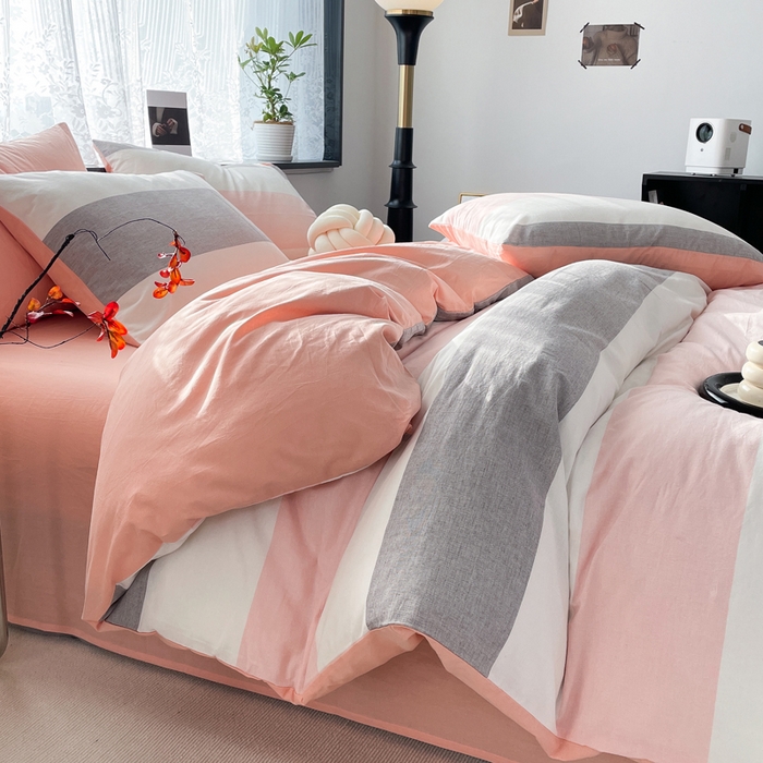 91家纺网 家纺一手货源 找家纺 春皖家纺 2026新款色织AB版水洗棉三件套四件套单品系列（四件套风格一） 素雅-灰白条