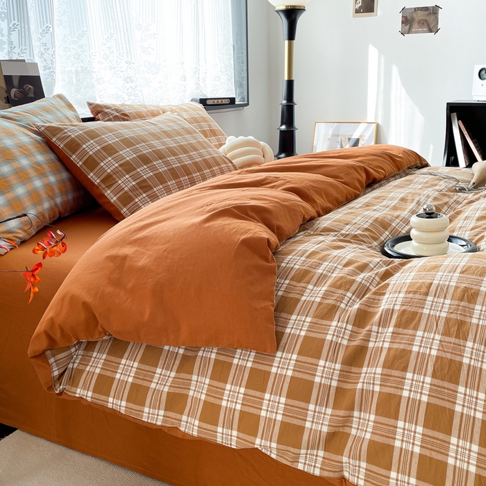 91家纺网 家纺一手货源 找家纺 春皖家纺 2026新款色织AB版水洗棉三件套四件套单品系列（四件套风格一） 素雅-黄格