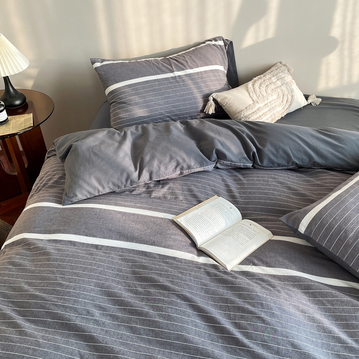 91家纺网 家纺一手货源 找家纺 春皖家纺 2026新款色织AB版水洗棉三件套四件套单品系列（四件套风格一） 素雅-灰条