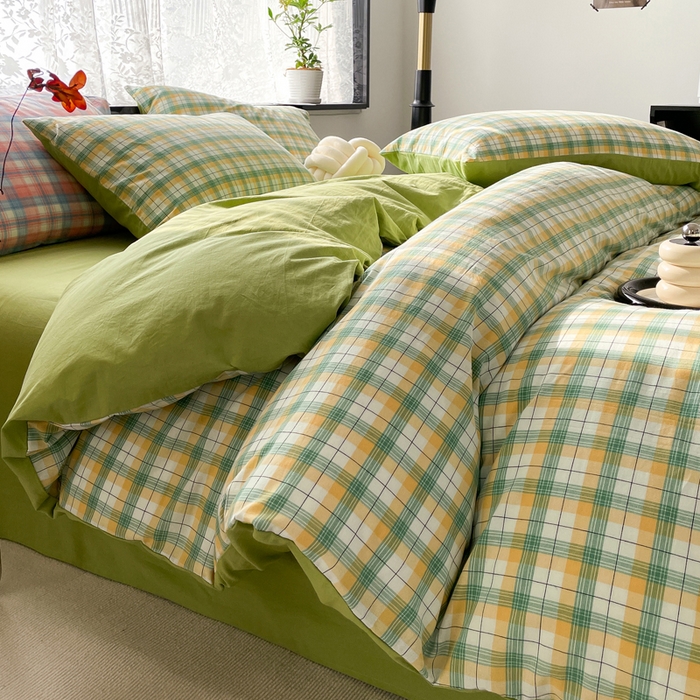 91家纺网 家纺一手货源 找家纺 春皖家纺 2026新款色织AB版水洗棉三件套四件套单品系列（四件套风格一） 栗木-芒格