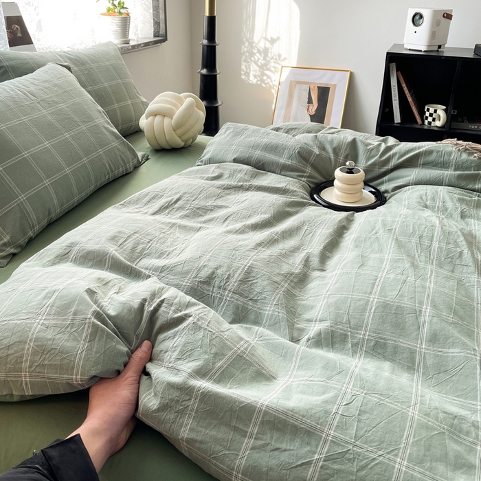 91家纺网 家纺一手货源 找家纺 春皖家纺 2026新款色织AB版水洗棉三件套四件套单品系列（四件套风格一） 素雅-韵绿