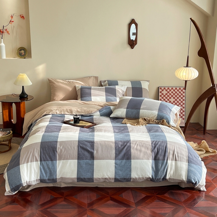 91家纺网 家纺一手货源 找家纺 春皖家纺 2026新款色织AB版水洗棉三件套四件套单品系列（四件套风格一） 素雅-蓝大格