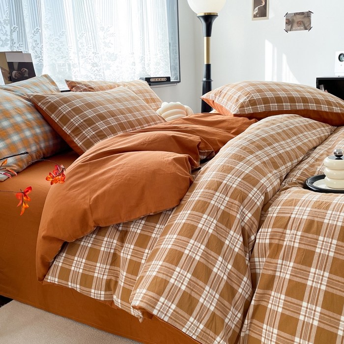 91家纺网 家纺一手货源 找家纺 春皖家纺 2026新款色织AB版水洗棉三件套四件套单品系列（四件套风格一） 素雅-黄格