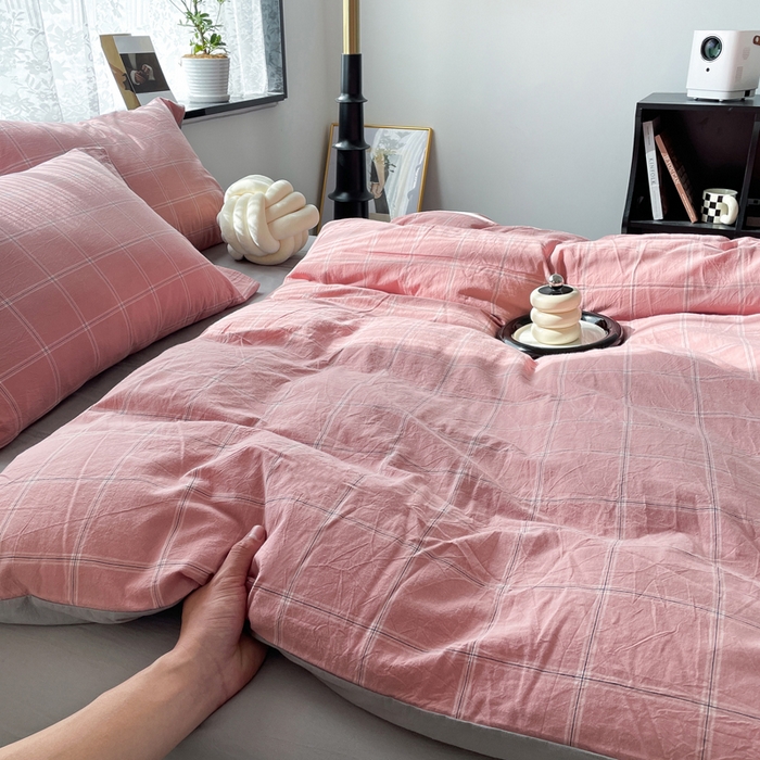 91家纺网 家纺一手货源 找家纺 春皖家纺 2026新款色织AB版水洗棉三件套四件套单品系列（四件套风格一） 素雅-韵粉