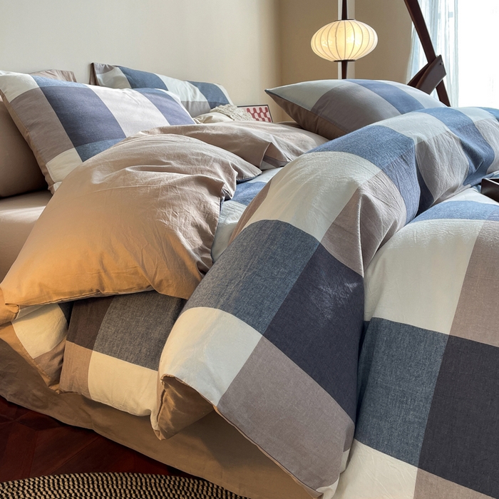 91家纺网 家纺一手货源 找家纺 春皖家纺 2026新款色织AB版水洗棉三件套四件套单品系列（四件套风格一） 素雅-蓝大格