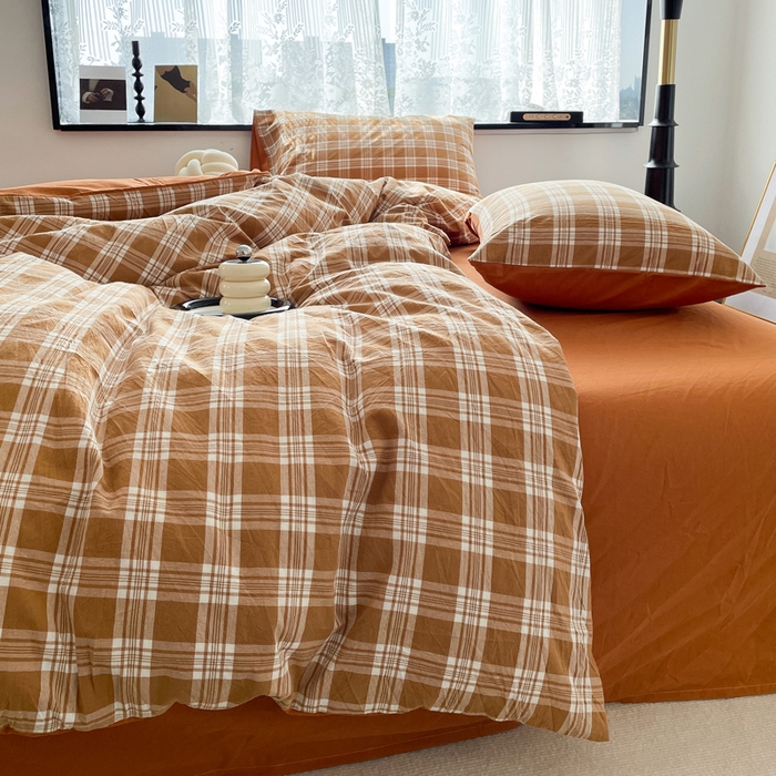 91家纺网 家纺一手货源 找家纺 春皖家纺 2026新款色织AB版水洗棉三件套四件套单品系列（四件套风格一） 素雅-黄格