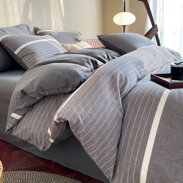 91家纺网 家纺一手货源 找家纺 春皖家纺 2026新款色织AB版水洗棉三件套四件套单品系列（四件套风格一） 素雅-灰条