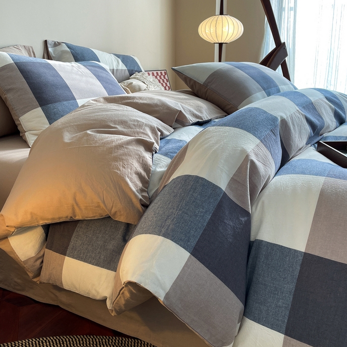 91家纺网 家纺一手货源 找家纺 春皖家纺 2026新款色织AB版水洗棉三件套四件套单品系列（四件套风格一） 素雅-蓝大格