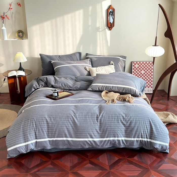 春皖家纺 2026新款色织AB版水洗棉三件套四件套单品系列（四件套风格一） 素雅-灰条