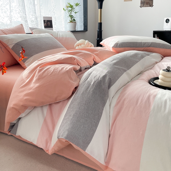 91家纺网 家纺一手货源 找家纺 春皖家纺 2026新款色织AB版水洗棉三件套四件套单品系列（四件套风格一） 素雅-灰白条