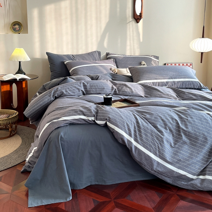 91家纺网 家纺一手货源 找家纺 春皖家纺 2026新款色织AB版水洗棉三件套四件套单品系列（四件套风格一） 素雅-灰条