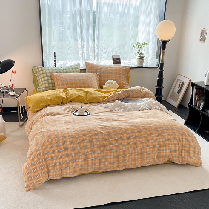 91家纺网 家纺一手货源 找家纺 春皖家纺 2026新款色织AB版水洗棉三件套四件套单品系列（四件套风格一） 素雅-黄条