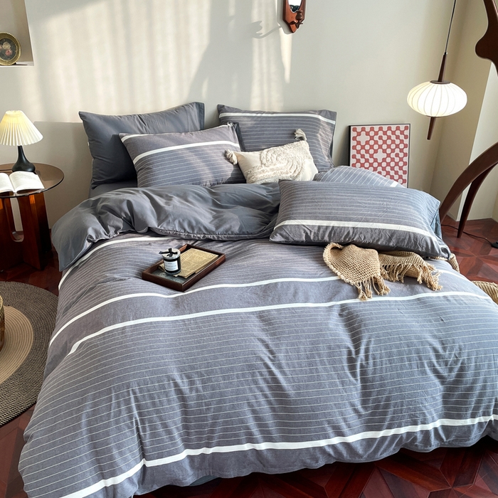 91家纺网 家纺一手货源 找家纺 春皖家纺 2026新款色织AB版水洗棉三件套四件套单品系列（四件套风格一） 素雅-灰条