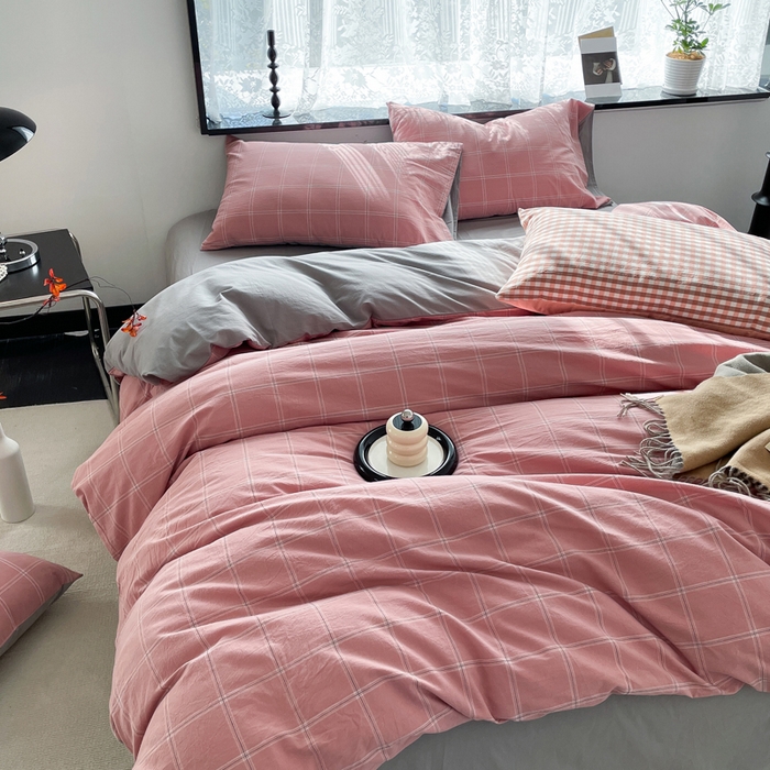 91家纺网 家纺一手货源 找家纺 春皖家纺 2026新款色织AB版水洗棉三件套四件套单品系列（四件套风格一） 素雅-韵粉