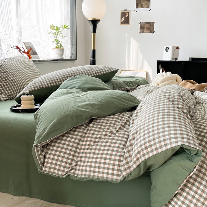 91家纺网 家纺一手货源 找家纺 春皖家纺 2026新款色织AB版水洗棉三件套四件套单品系列（四件套风格一） 素雅-绿格