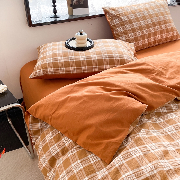 91家纺网 家纺一手货源 找家纺 春皖家纺 2026新款色织AB版水洗棉三件套四件套单品系列（四件套风格一） 素雅-黄格