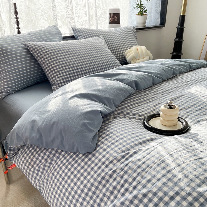 91家纺网 家纺一手货源 找家纺 春皖家纺 2026新款色织AB版水洗棉三件套四件套单品系列（四件套风格一） 素雅-蓝小格