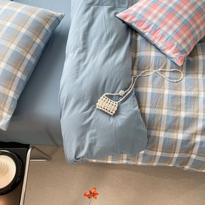 91家纺网 家纺一手货源 找家纺 春皖家纺 2026新款色织AB版水洗棉三件套四件套单品系列（四件套风格一） 素雅-蓝格