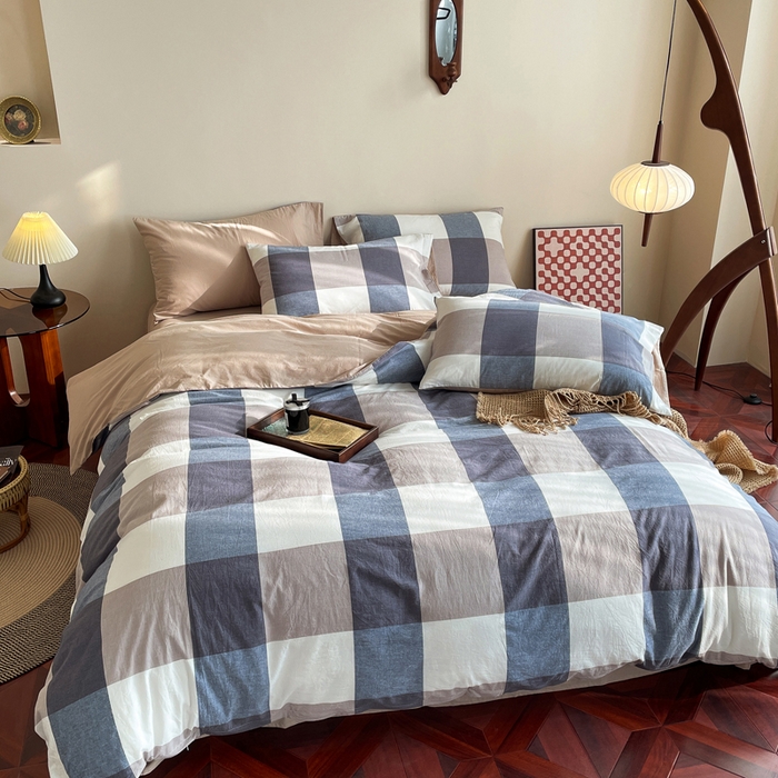 91家纺网 家纺一手货源 找家纺 春皖家纺 2026新款色织AB版水洗棉三件套四件套单品系列（四件套风格一） 素雅-蓝大格