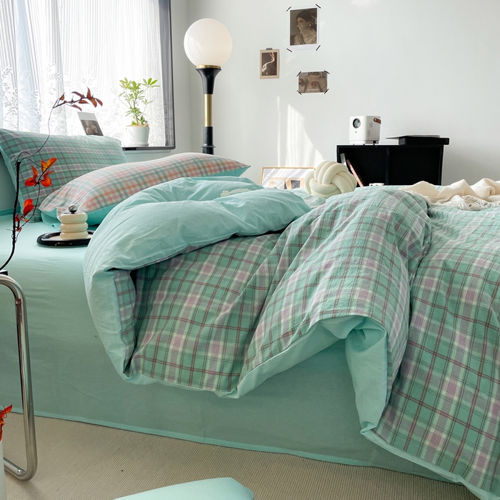 91家纺网 家纺一手货源 找家纺 春皖家纺 2026新款色织AB版水洗棉三件套四件套单品系列（四件套风格一） 素雅-情调