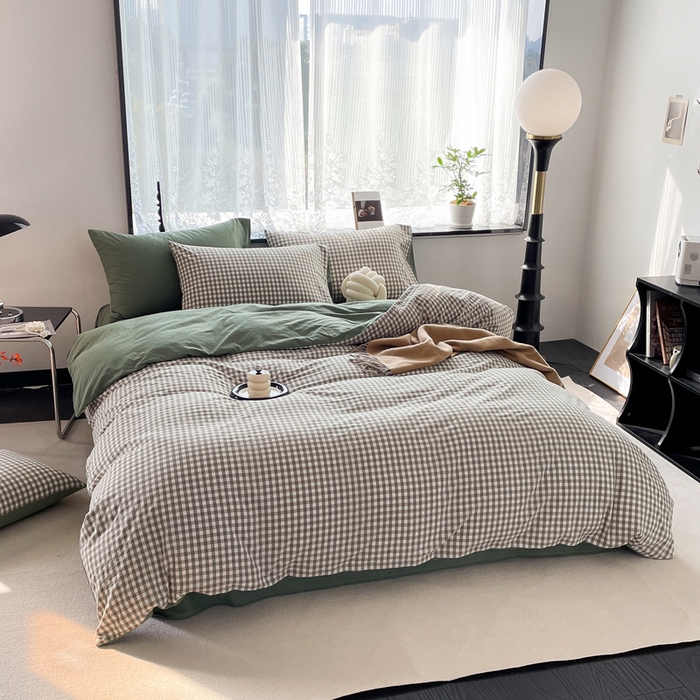 91家纺网 家纺一手货源 找家纺 春皖家纺 2026新款色织AB版水洗棉三件套四件套单品系列（四件套风格一） 素雅-绿格