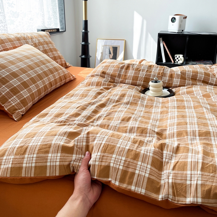 91家纺网 家纺一手货源 找家纺 春皖家纺 2026新款色织AB版水洗棉三件套四件套单品系列（四件套风格一） 素雅-黄格