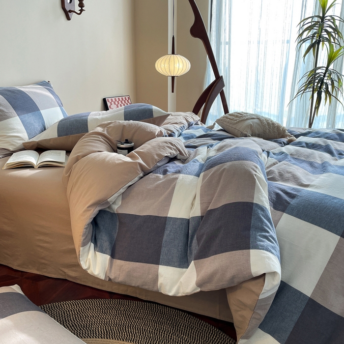 91家纺网 家纺一手货源 找家纺 春皖家纺 2026新款色织AB版水洗棉三件套四件套单品系列（四件套风格一） 素雅-蓝大格