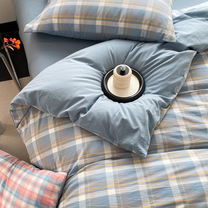 91家纺网 家纺一手货源 找家纺 春皖家纺 2026新款色织AB版水洗棉三件套四件套单品系列（四件套风格一） 素雅-蓝格