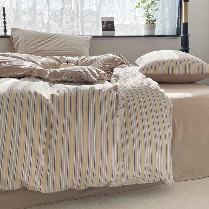 91家纺网 家纺一手货源 找家纺 春皖家纺 2026新款色织AB版水洗棉三件套四件套单品系列（四件套风格一） 素雅-杏黄纹