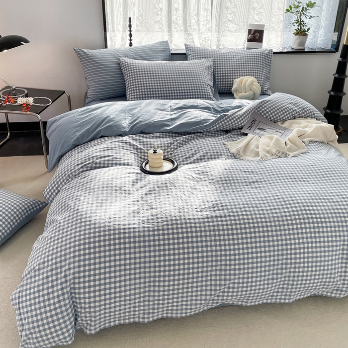 91家纺网 家纺一手货源 找家纺 春皖家纺 2026新款色织AB版水洗棉三件套四件套单品系列（四件套风格一） 素雅-蓝小格